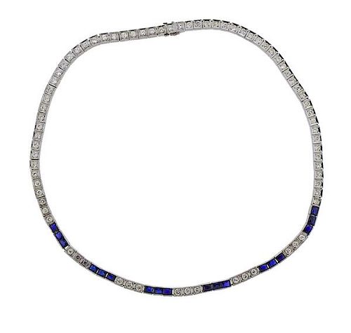 Platinum Diamond Blue Stone Line Necklace