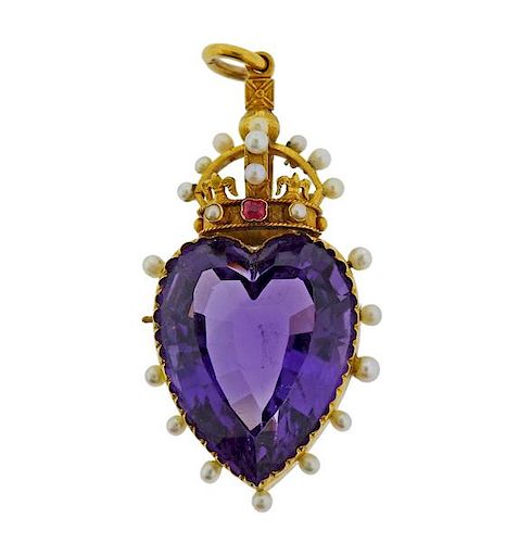 Victorian 14K Gold Purple Stone Pearl Heart Pendant