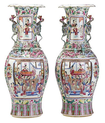 Pair Famille Rose Vases With Phoenix Handles