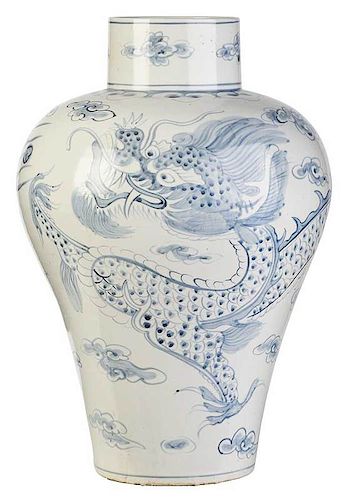 Large Korean Blue And White Dragon Vase
