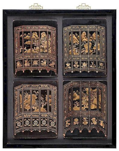 Four Chinese Mounted Lacquer Plaques
