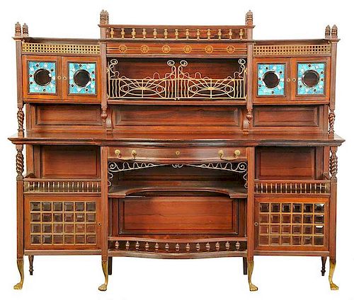 Art Nouveau Rosewood, Brass Inlaid, Stained Glass Cabinet