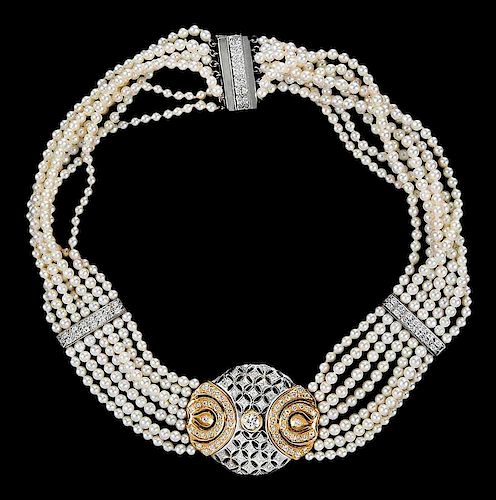 Gold, Diamond and Pearl Choker Necklace