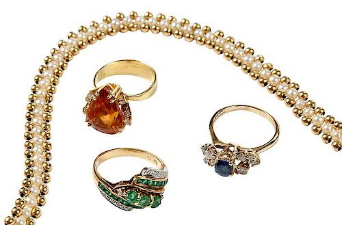 Four Pieces of Gold, Diamond, Gemstone Jewelry
