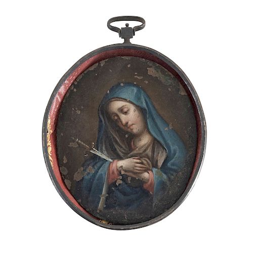 THE SORROWFUL VIRGIN. MEXICO, 19TH CENTURY. Oil on copper. With a silver plated metal frame.