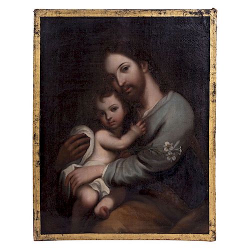 SAINT JOSEPH AND THE INFANT JESUS. MEXICO, 19TH CENTURY. Oil on canvas.