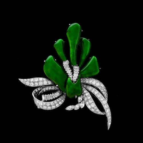 Important Imperial Jade, Diamond, Platinum Brooch