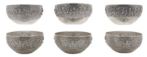 Set of Six Persian Style Silver Bowls