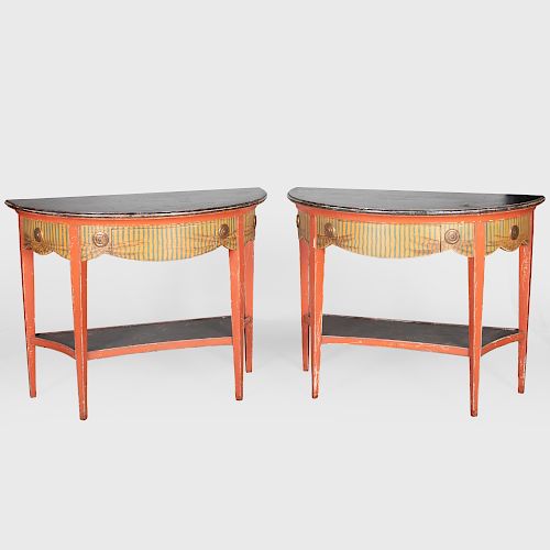Pair of Neoclassical Style Painted Demi Lune Console Tables