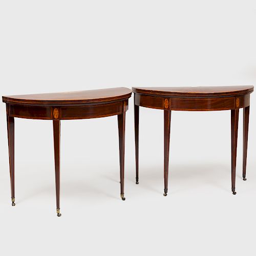Pair of George III Inlaid Mahogany Demilune Games Tables