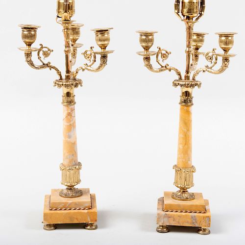 Pair of Regency Style Gilt-Bronze and Siena Marble Four Light Candelabra, Mounted as Lamps