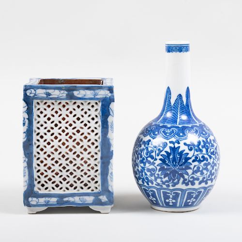 Chinese Blue and White Porcelain Bottle Vase and a Blue and White Reticulated Vessel