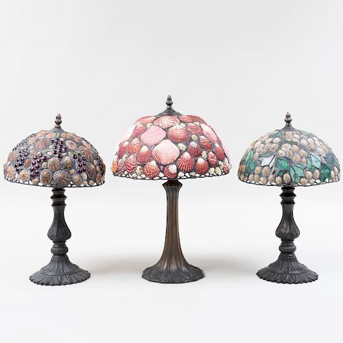 Three Bronze Table Lamps with Leaded Shell and Stained Glass Shades