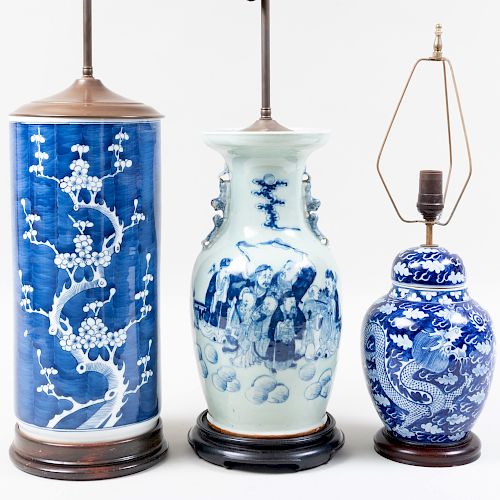Three Chinese Glazed Porcelain Vessels, Mounted as Lamps