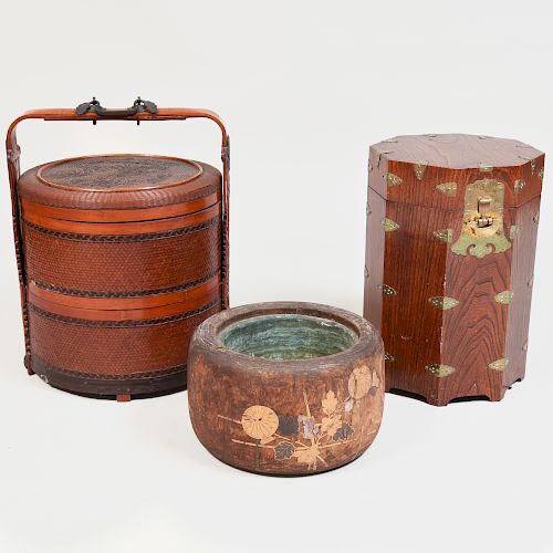 Japanese Wood and Lacquer Hibachi, a Gilt-Metal-Mounted Wood Box, and a Wedding Basket