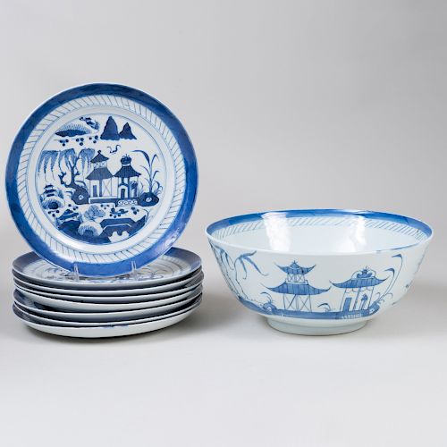 Set of Eight Canton Blue and White Porcelain Plates and a Punch Bowl