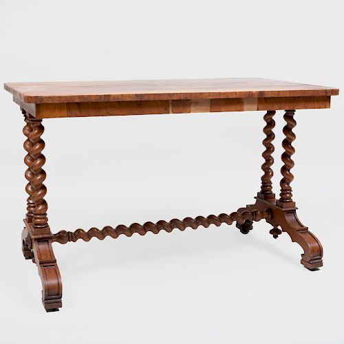 Victorian Style Oak Barley Twist Trestle Table with Figured Top