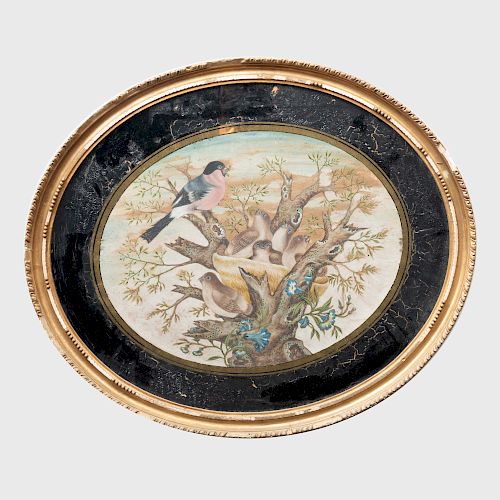 Painting of a Bird and Chicks in a Reverse Painted Glass Surround