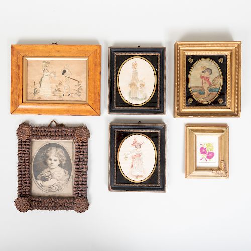 Tramp Art Pinecone Frame and Five Needlework Pictures