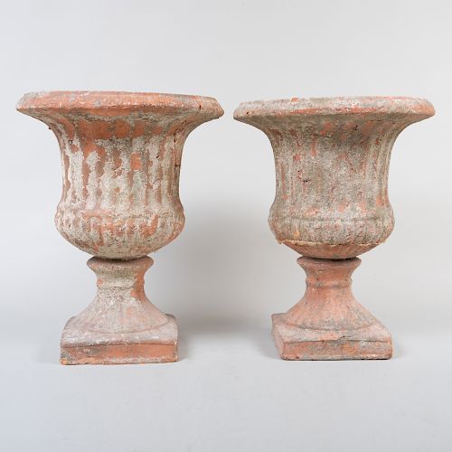 Pair of Painted Terracotta Garden Urns