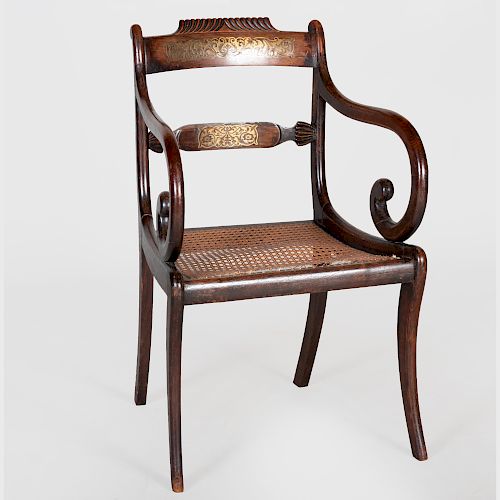 Regency Brass Inlaid Carved Rosewood Open Armchair