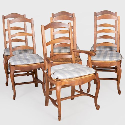 Group of Six Rush Seat Ladder Back Dining Chairs and a Similar Armchair, of Recent Manufacture