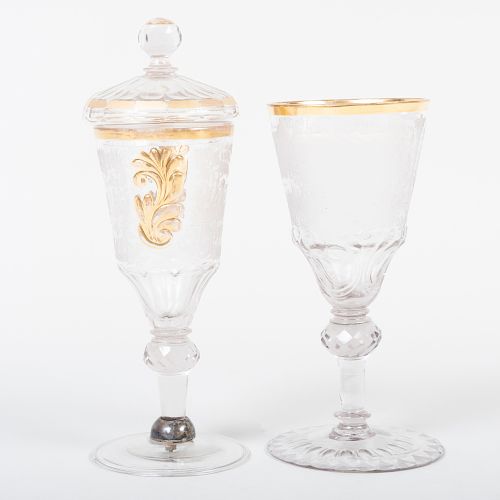 Dutch Engraved and Parcel-Gilt Glass Goblet and Cover and a Continental Topographical Engraved Glass Goblet