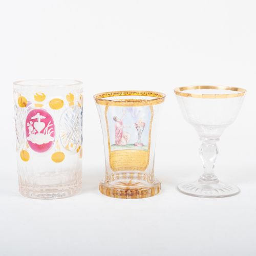 German Engraved Glass Goblet, a Cut Cased Glass Beaker and a Cased and Enameled Beaker