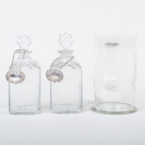 Two Cut and Etched Glass Decanters and an Etched Glass Stein