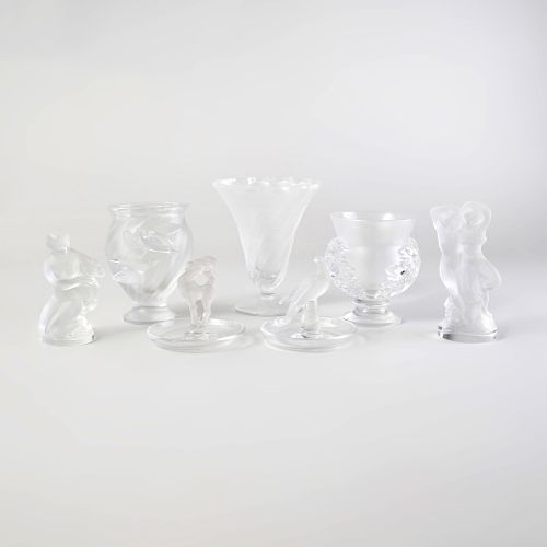 Group of Four Lalique Glass Figures and Three Vases