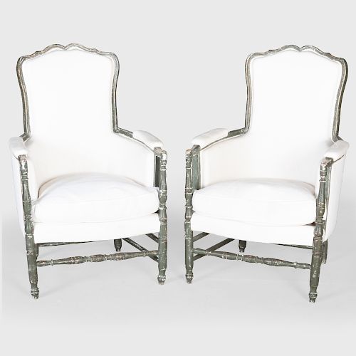 Pair of French Provincial Green Painted Bergères