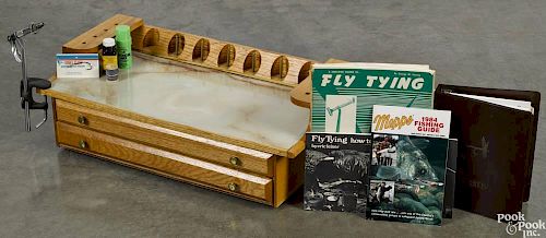 Contemporary oak and faux onyx fly tying station, with vice, ephemera