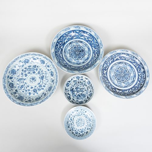 Group of Five Asian Ming Style Blue and White Porcelain Dishes