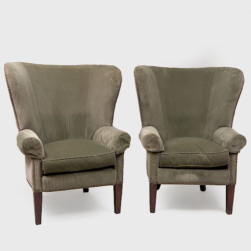 Pair of Ralph Lauren Corderoy Upholstered Wing Chairs
