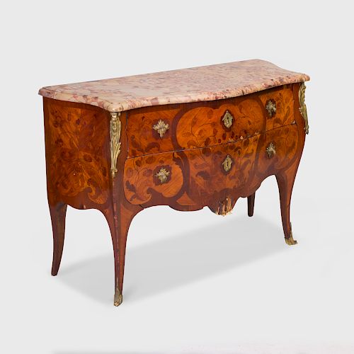 Louis XV Style Gilt-Metal-Mounted Tulipwood and Mahogany Marquetry Commode
