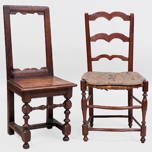 Early French Oak Side Chair together with a Ladder Back Chair with Rush Seat