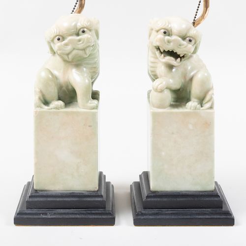 Pair of Large Chinese Celadon Hardstone Buddhistic Lion Seals, Mounted as Lamps