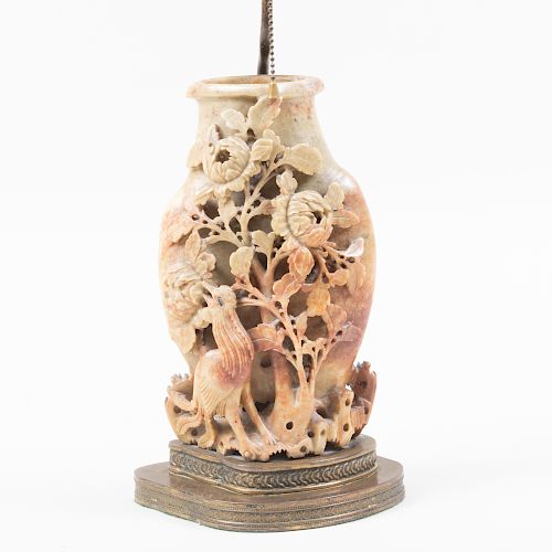 Chinese Carved Soapstone Vase with Birds and Flowers, Mounted as a Lamp