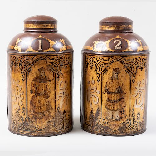 Pair of Chinoiserie Decorated Tôle Tea Canisters