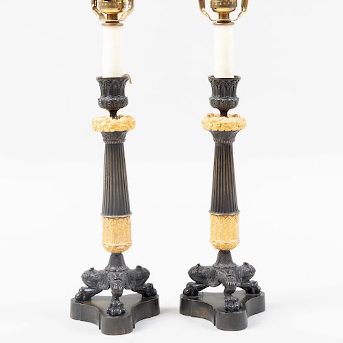 Pair of Louis Philippe Patinated and Gilt-Bronze Candlesticks, Mounted as Lamps