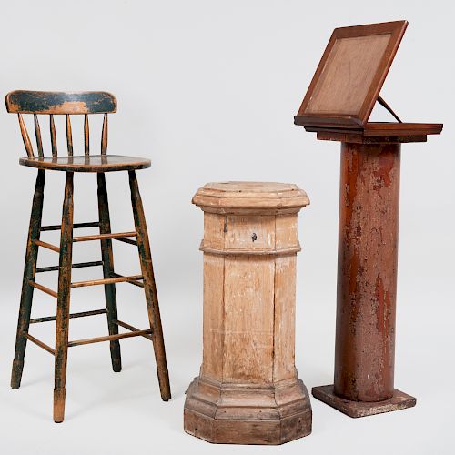 Polychrome Painted Columnar Pedestal, a Reading Easel, and a Green Painted Stool