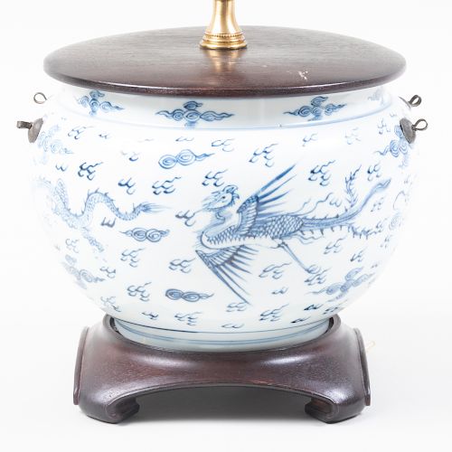 Chinese Blue and White Porcelain Jar Decorated with Dragons, Mounted as a Lamp