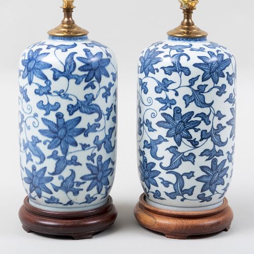 Pair of Chinese Ming Style Porcelain Blue and White Rouleau Vases, Mounted as Lamps