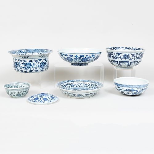 Six Asian Porcelain Blue and White Bowls and a Cover
