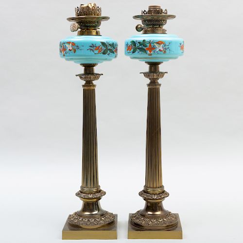 Pair of Hink & Son's American Brass and Glass Oil Lamps