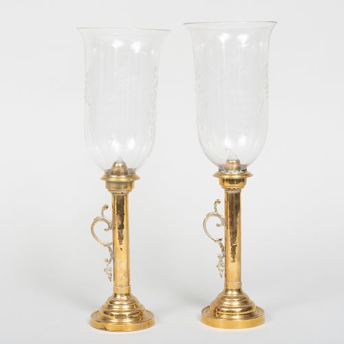 Pair of Brass Candlesticks with Etched Hurricane Shades
