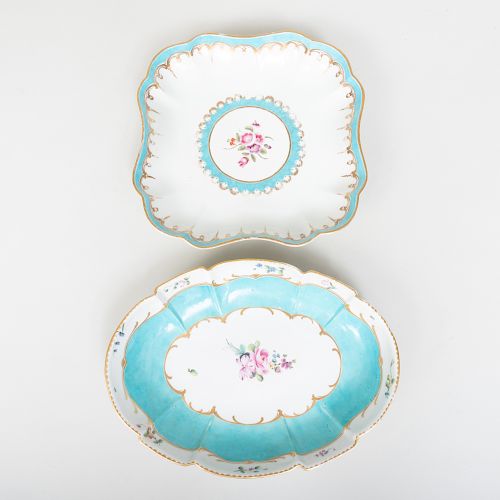 Chelsea-Derby Turquoise Ground Oval Dish and a Similar Worcester Porcelain SquareDish