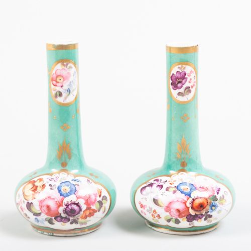 Pair of English Porcelain Green Ground Small Bottle Vases