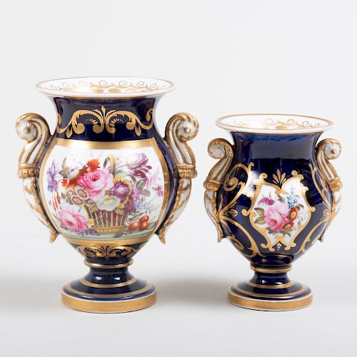Two English Porcelain Blue Ground Vases in Two Sizes
