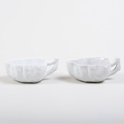 Pair of Italian Porcelain White Glazed Leaf Molded Butter Boats